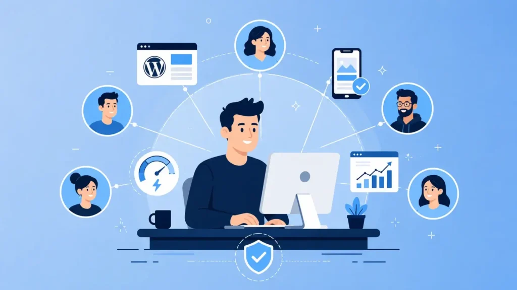Graphic showing a person engaged in remote work with various digital tools and clients.